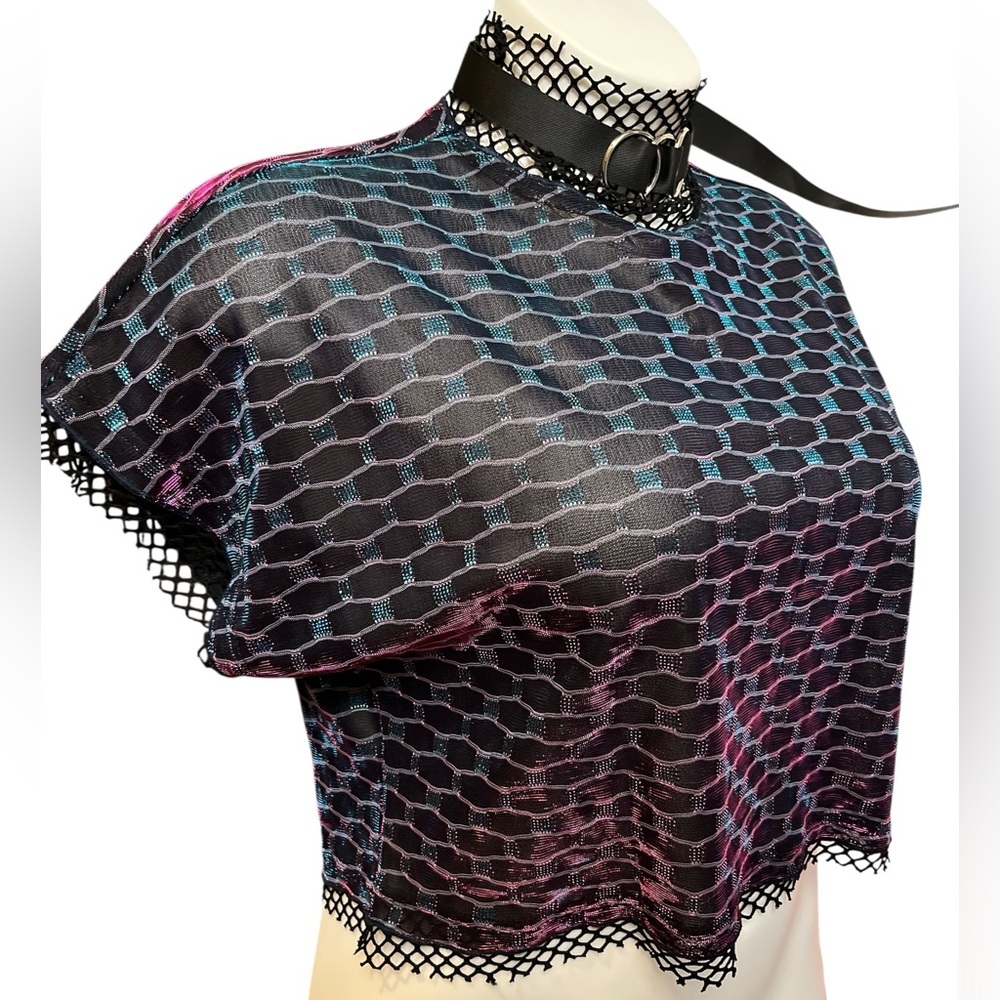 Devil Fashion Black Iridescent Mesh Women Crop Top Removable Leash/Collar NWT - Picture 2 of 5